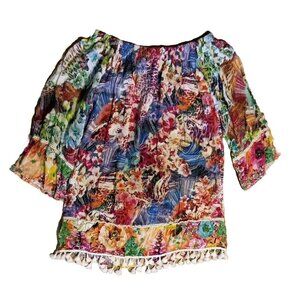 Calessa Top Womens S Off The Shoulder Boho Garden Chic Floral 3/4 Sleeve Fringe